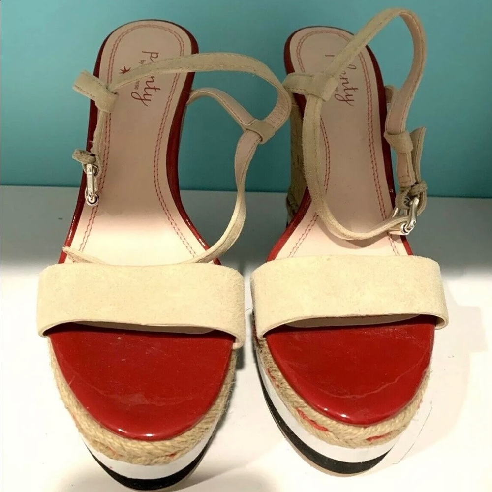 Red White and Brown Cork Wedges Shoes, size 6.5, pre-owned, good condition